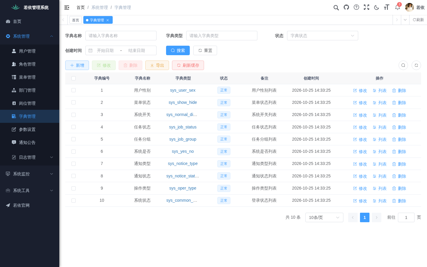 RuoYi-Vue 字典管理