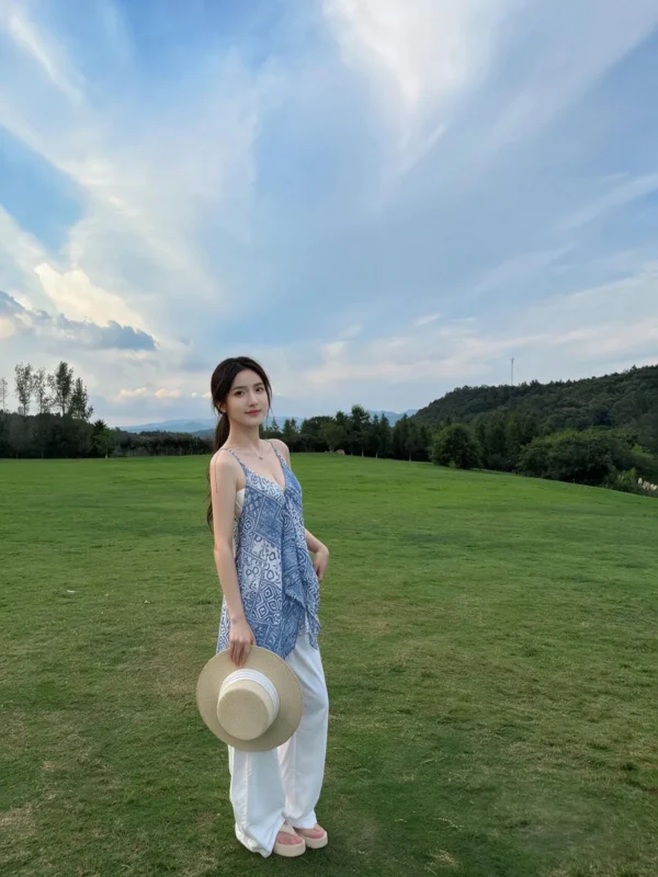图集｜蓝纹吊带草帽 · 草地外景人像（6P）-远影归灯