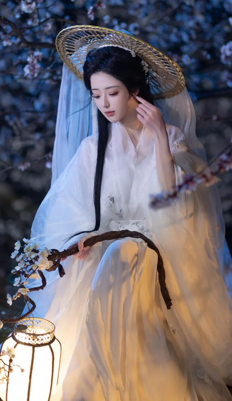 白纱斗笠提灯 · 夜梅花下古风汉服写真（08）